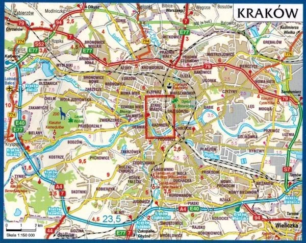 Mapa gł&oacute;wnych atrakcji Krakowa z zaznaczonym Starym Miastem, Wawelem i Kazimierzem