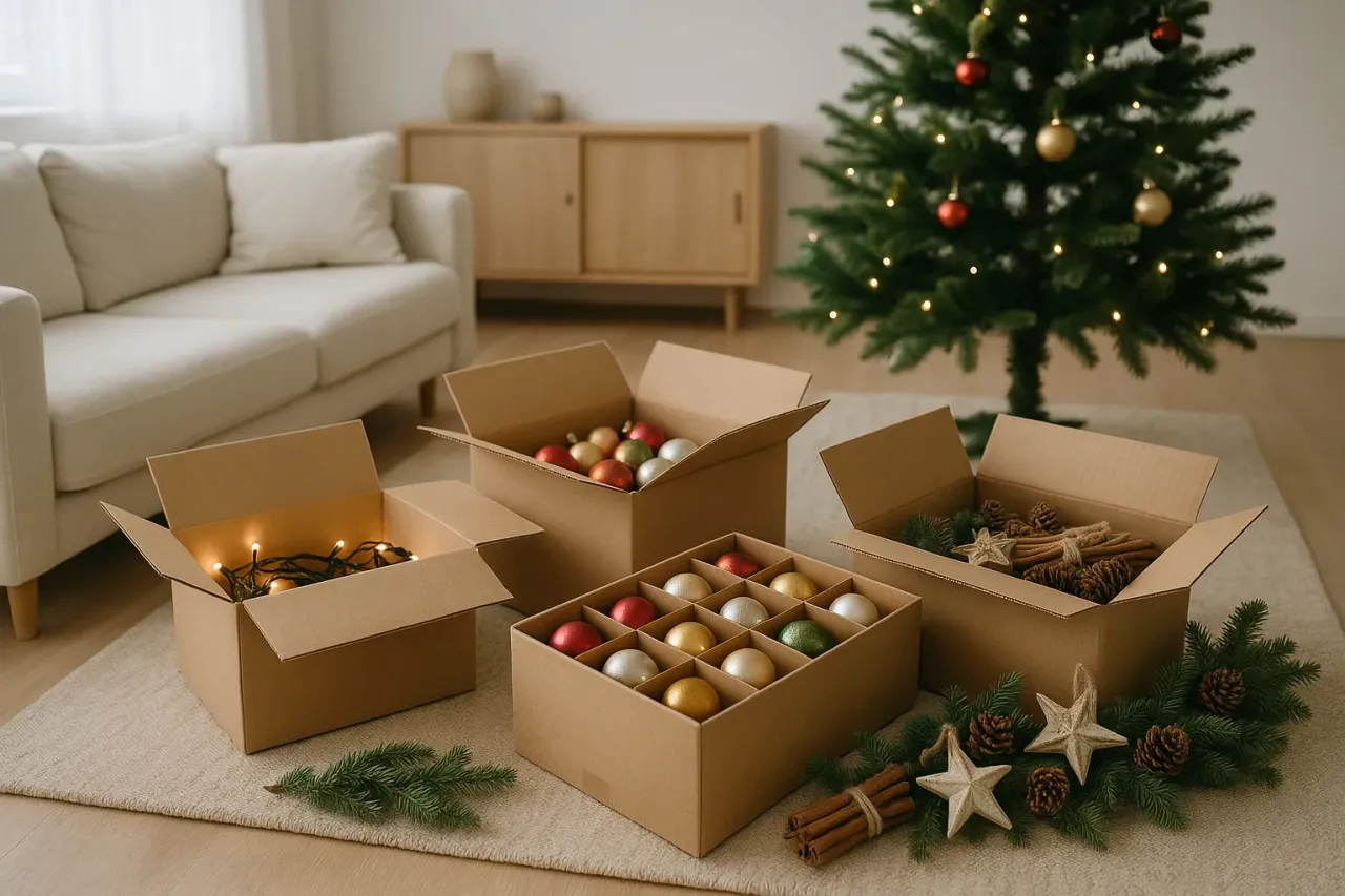 Kiedy zdejmuje się ozdoby świąteczne: kartony z bombkami, lampkami i szyszkami czekają na schowanie.