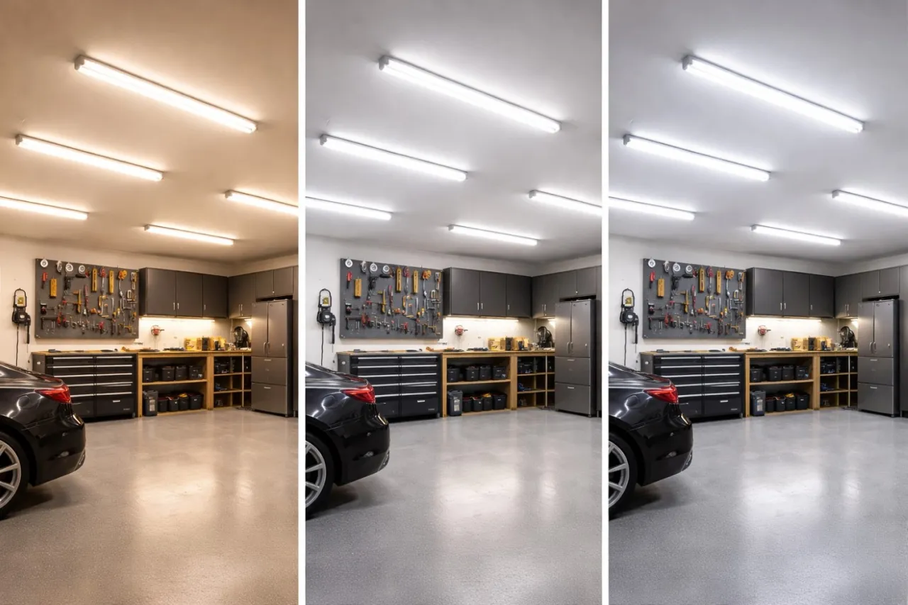 Por&oacute;wnanie, jakie oświetlenie do garażu wybrać: ciepłe, neutralne i zimne. Widać samoch&oacute;d, narzędzia i szafki.