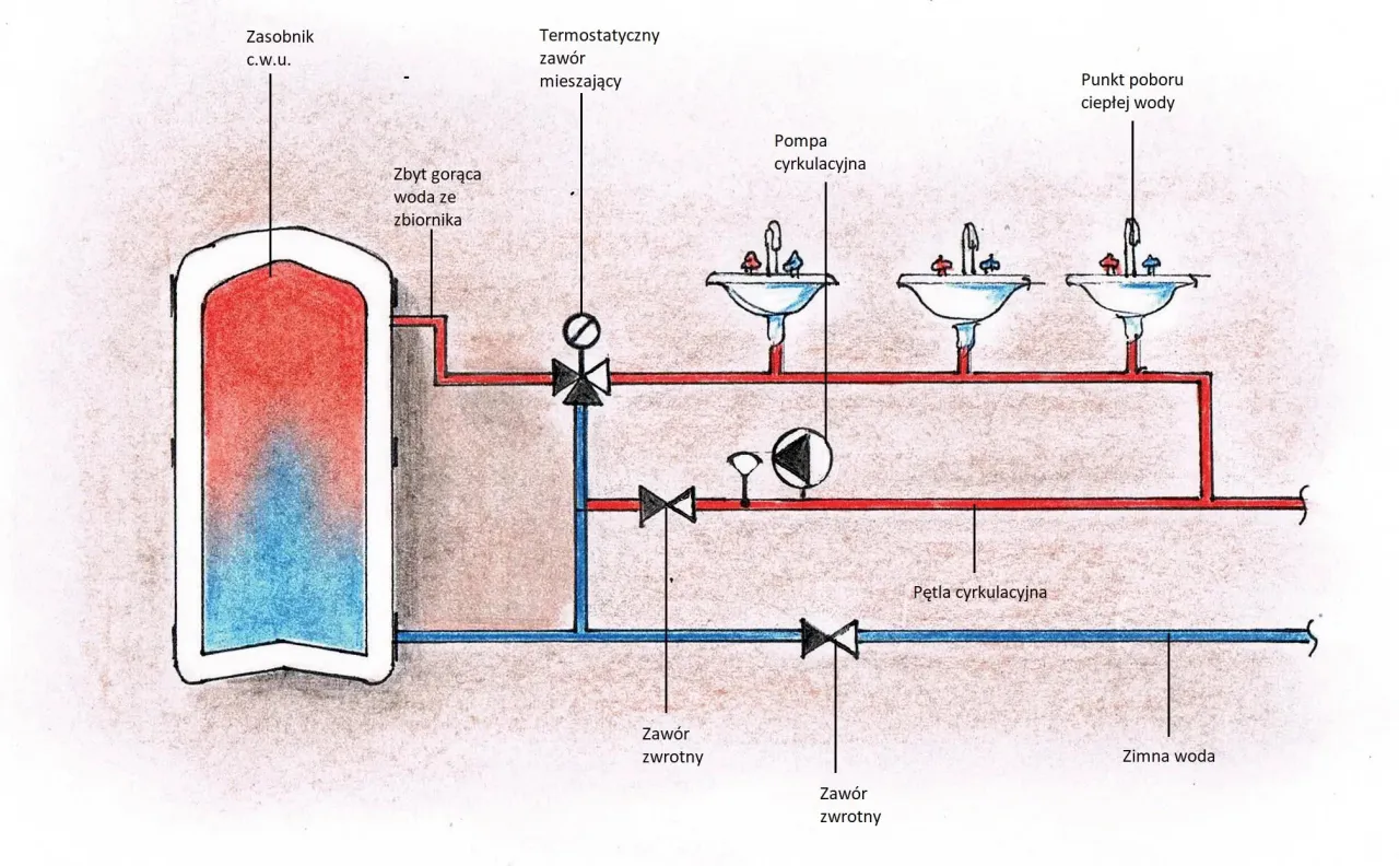 schemat instalacji cyrkulacji ciepłej wody użytkowej z pompą