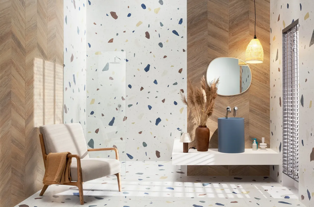 Płytki drewnopodobne imitacja betonu lastryko przedpok&oacute;j