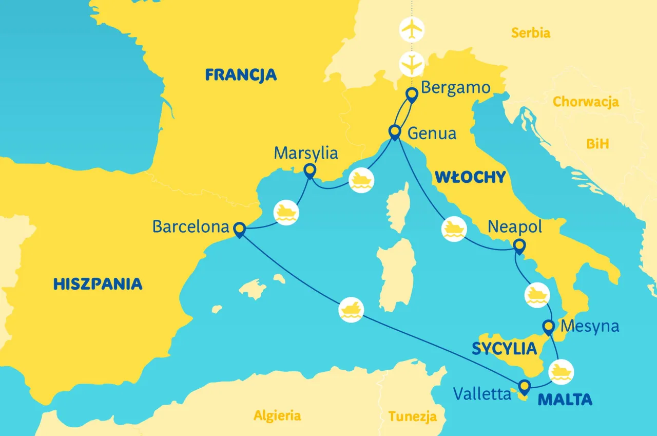 Mapa pokazuje trasę rejsu po Morzu Śródziemnym: Barcelona, Marsylia, Genua, Neapol, Mesyna, Valletta. Zastanawiasz się, ile kosztuje rejs statkiem po Morzu Śródziemnym?