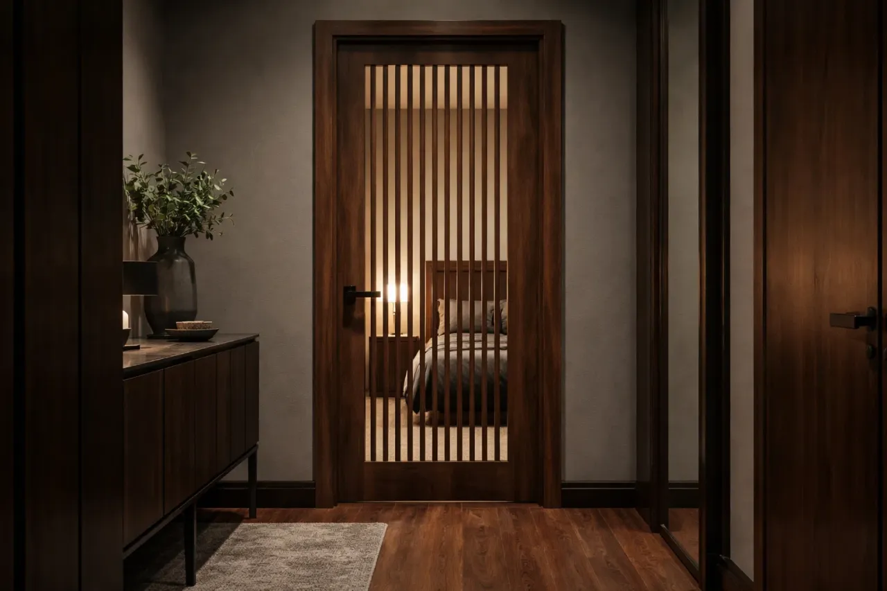 Drzwi pokojowe z pionowymi lamelami zamiast szyby, odsłaniające łóżko. Eleganckie wnętrze z drewnianą komodą i roślinami.