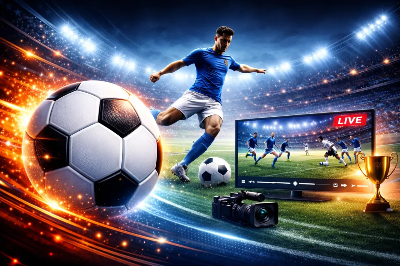 Piłkarz kopie piłkę na tle stadionu. Obok ekran z transmisją na żywo i puchar. Dziś mecz piłki nożnej zapowiada się emocjonująco!