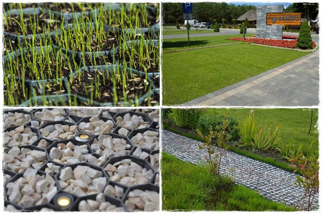 Siatka na podjazd z kamieniem, idealna na ścieżki i trawniki. Widać też młode źdźbła trawy w tacce.