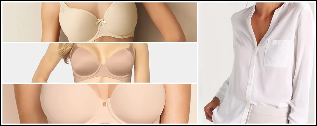 por&oacute;wnanie białego i cielistego biustonosza pod białą bluzką