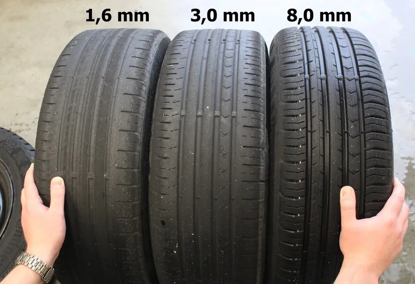 porównanie głębokości bieżnika opon nowa 3mm 1.6mm