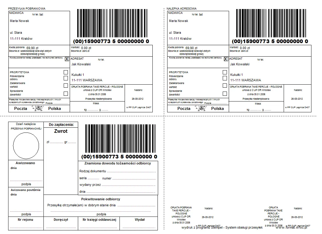 druk nadania paczki pobraniowej poczta polska wzór