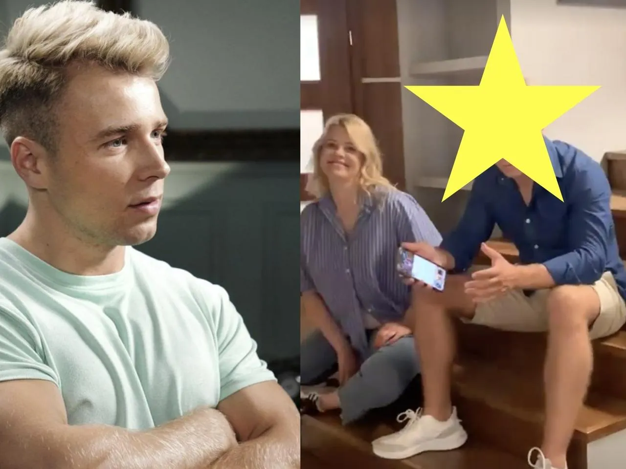 Młody mężczyzna z jasnymi włosami, a obok niego para na schodach. Czy Skolim gra jeszcze w barwach szczęścia?