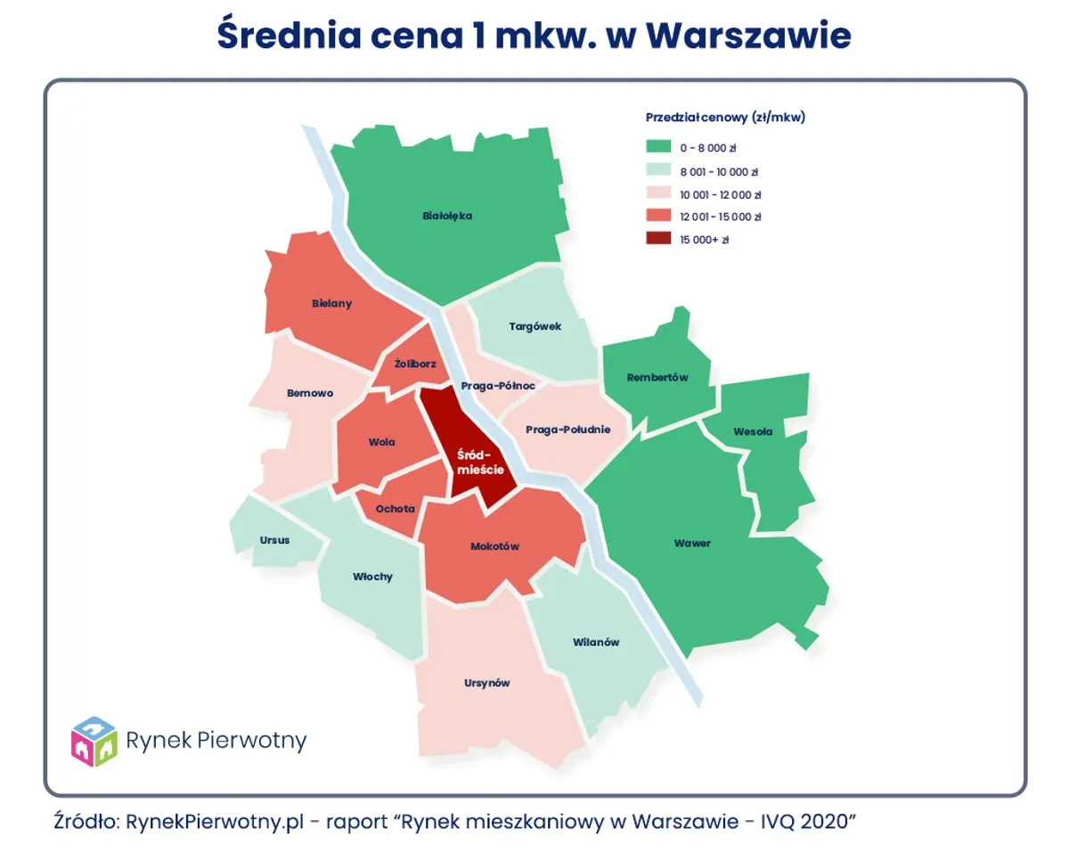 Mapa dzielnic centralnych Warszawy z zaznaczonymi średnimi cenami za m2