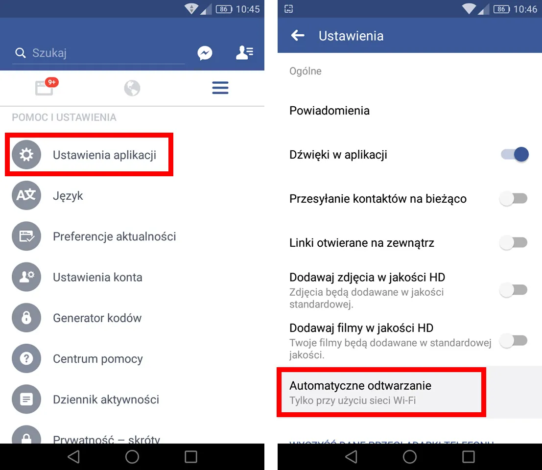 Ustawienia Facebook Android wyłączanie dźwięku w filmach