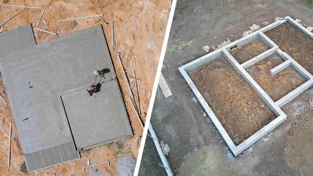 Dwa etapy budowy: wylewanie płyty fundamentowej i gotowe fundamenty pod dom.