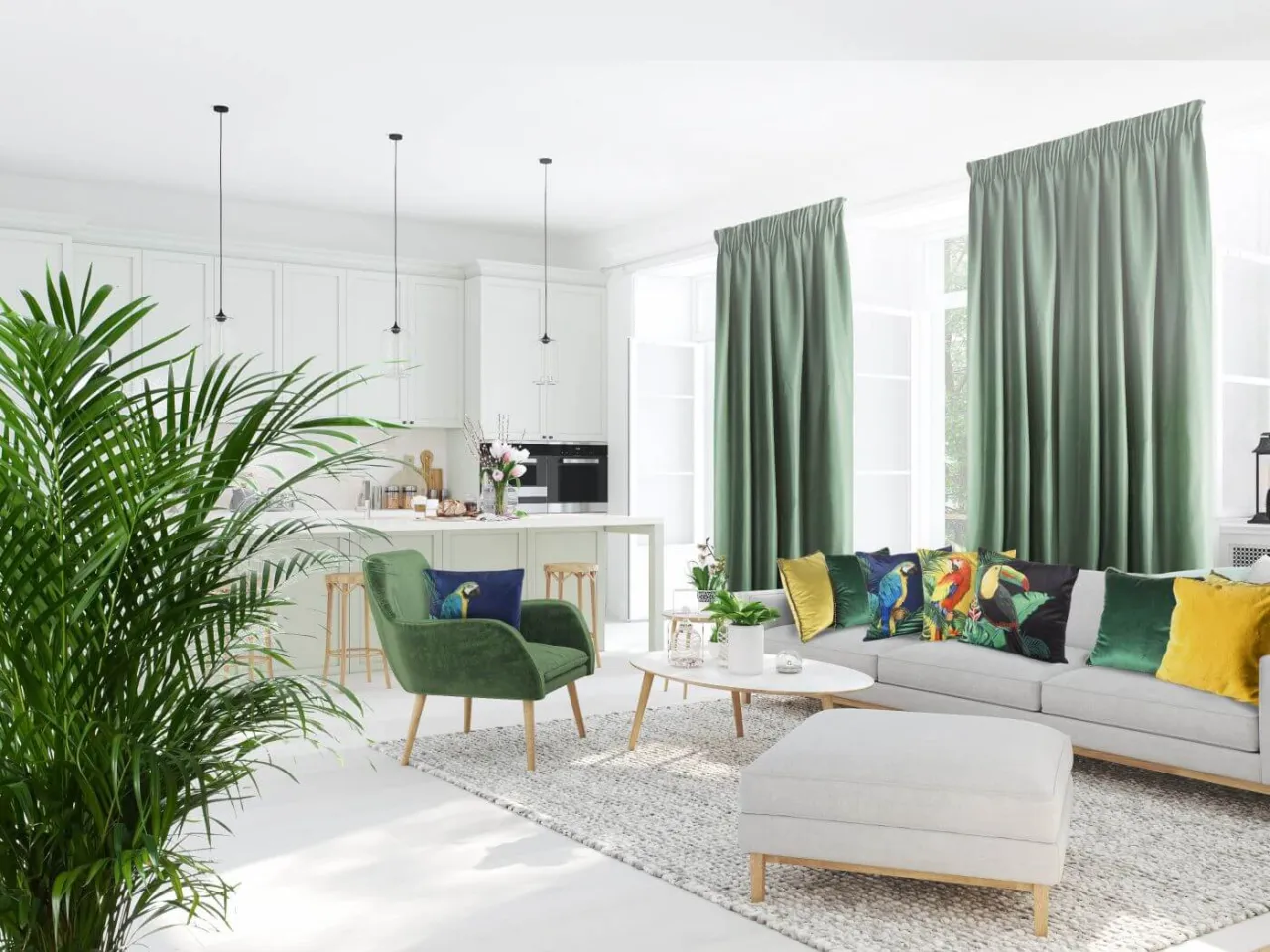 firanki długie w salonie i kr&oacute;tkie w kuchni aneks