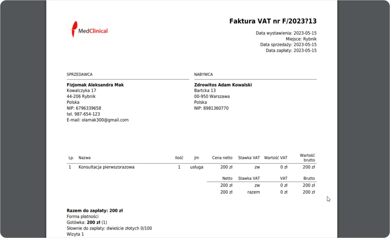 przykładowa faktura imienna za leki