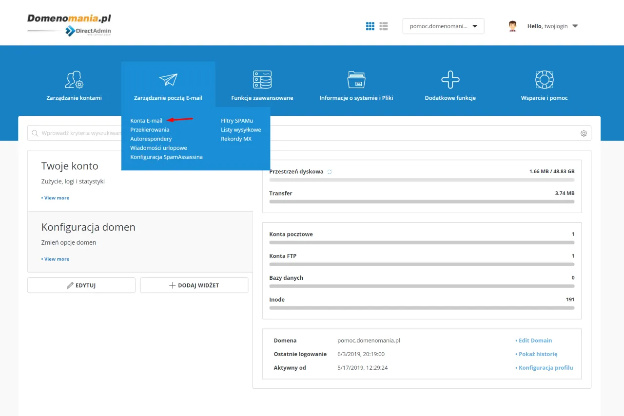 Panel DirectAdmin. Kliknij 