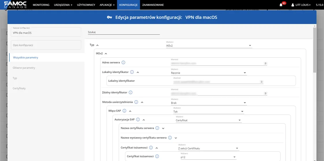 Famoc interfejs panelu administratora