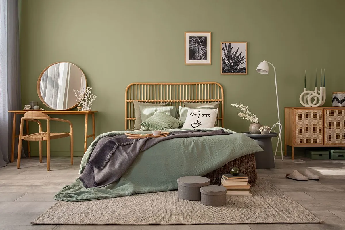 szałwiowa ściana jasne drewno wnętrze