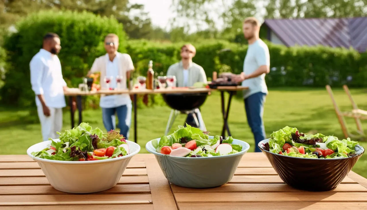 Vielfalt an bunten Salaten zum Grillen auf einem Holztisch
