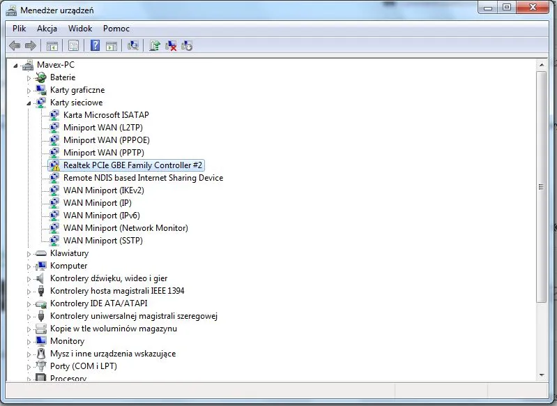 Menedżer urządzeń Windows z rozwiniętą sekcją kart sieciowych