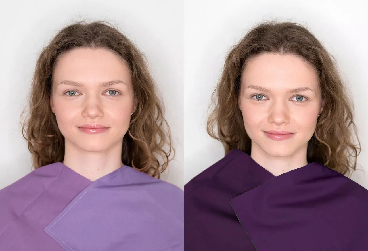 Zgaszone lato stylizacje: porównanie odcieni fioletu przy twarzy modelki. Jasny fiolet podkreśla jej urodę, ciemny przytłacza.