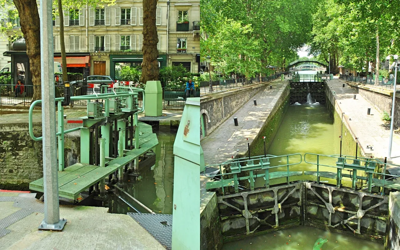 Śluza na Kanale Saint-Martin w 10 dzielnicy Paryża. Zielone konstrukcje i woda tworzą malowniczy widok.