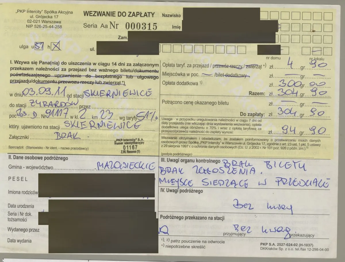 Wezwanie do zapłaty za przejazd bez biletu. Czy w IC można kupić bilet u konduktora? Na dokumencie widnieje kwota 304,90 zł.