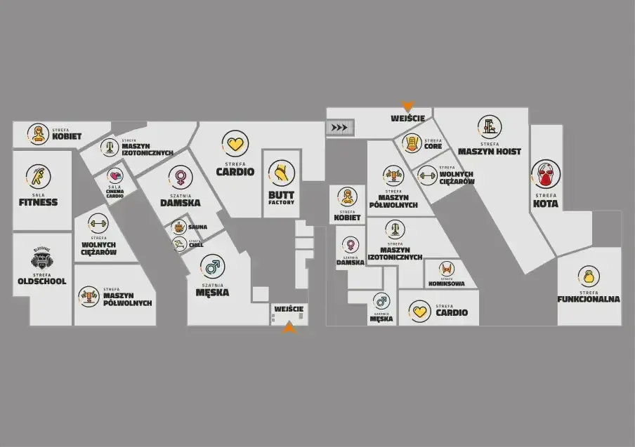 Mapa Katowic z lokalizacjami klub&oacute;w CrossFit, wnętrze boxu CrossFit