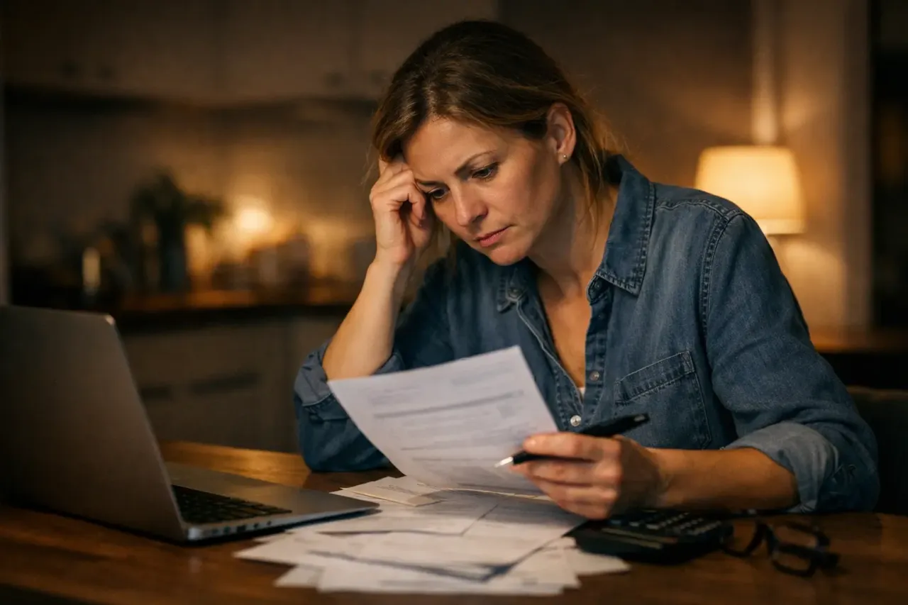 Zmartwiona kobieta analizuje dokumenty, zastanawiając się, ile kosztuje spadek u notariusza. Obok laptop, kalkulator i okulary.