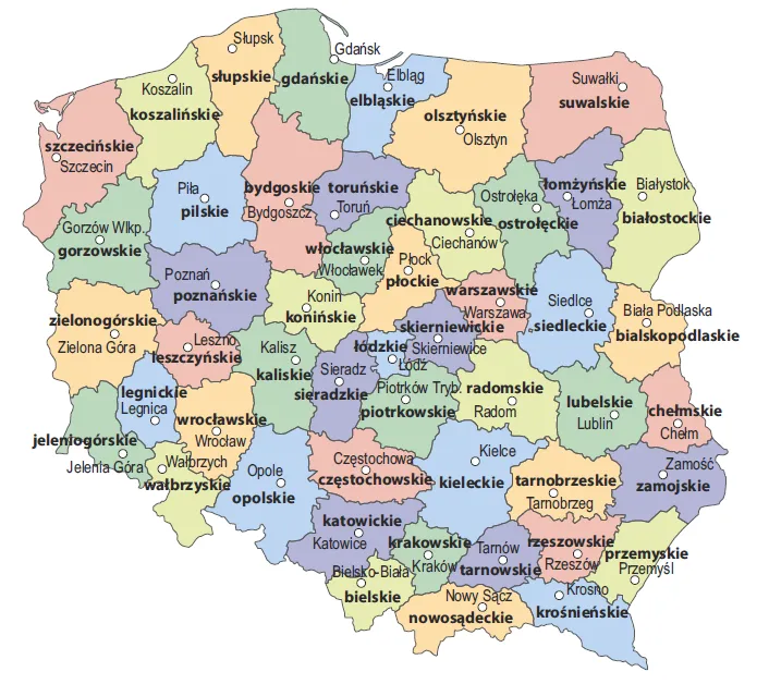 Mapa administracyjna Polski przed 1999 rokiem