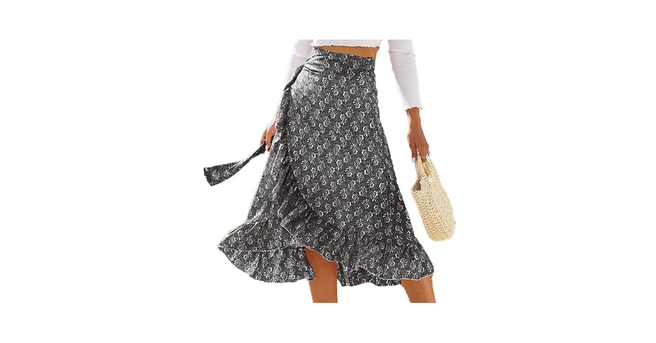 spódnica kopertowa z falbaną lub ozdobne detale na spódnicy