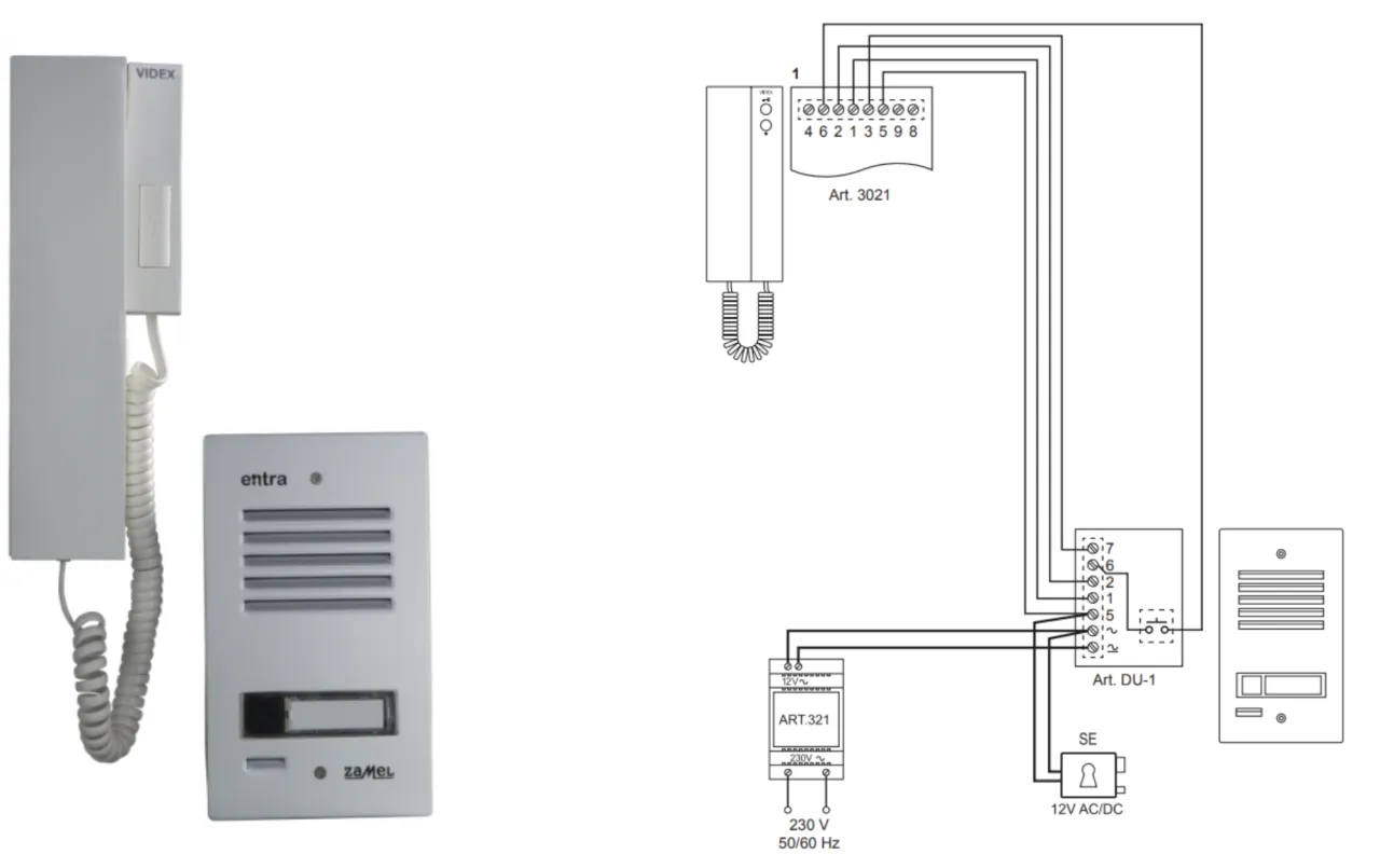 Schemat instalacji domofonowej z unifonem i panelem zewnętrznym. Podpowiada, jaki kabel do domofonu i elektrozaczepu.