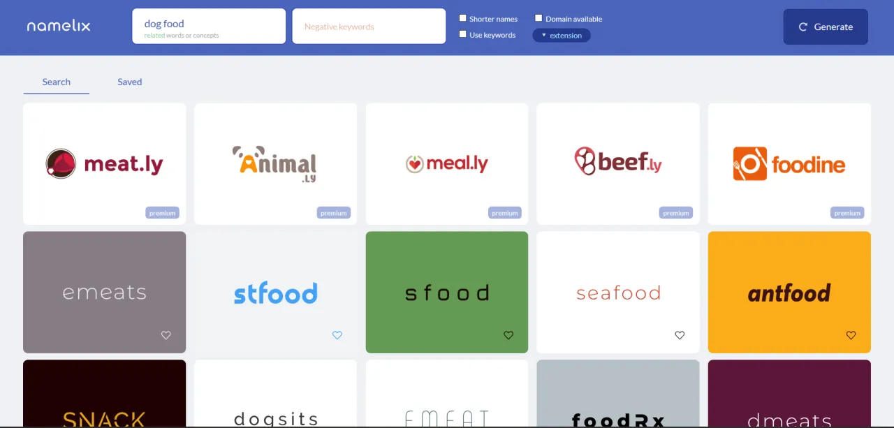 Szukasz domeny czy wolna? Strona Namelix generuje propozycje nazw dla biznesu związanego z jedzeniem dla zwierząt, np. 