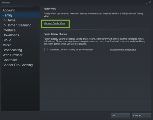 Steam Families parental controls interface