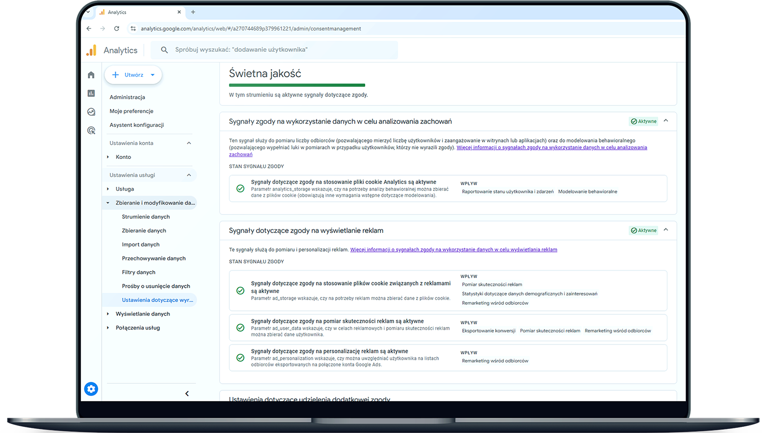 Ustawienia Google Analytics pokazują aktywne sygnały zgody, w tym consent mode v2, dla analizy danych i personalizacji reklam.