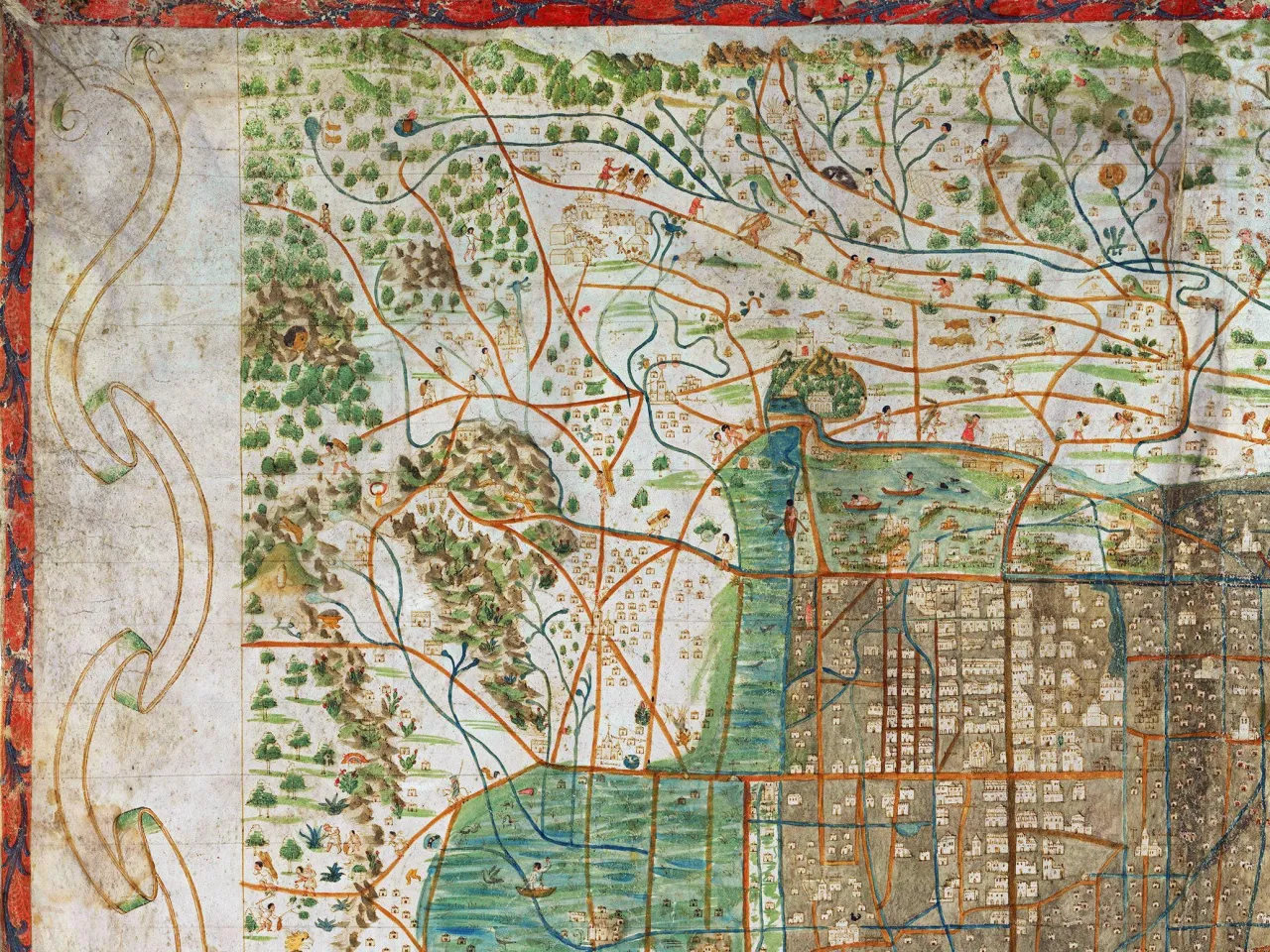 Mapa przedstawia Tenochtitlan, stolicę, kiedy powstało imperium azteków. Widać jezioro, kanały, budynki i ludzi.