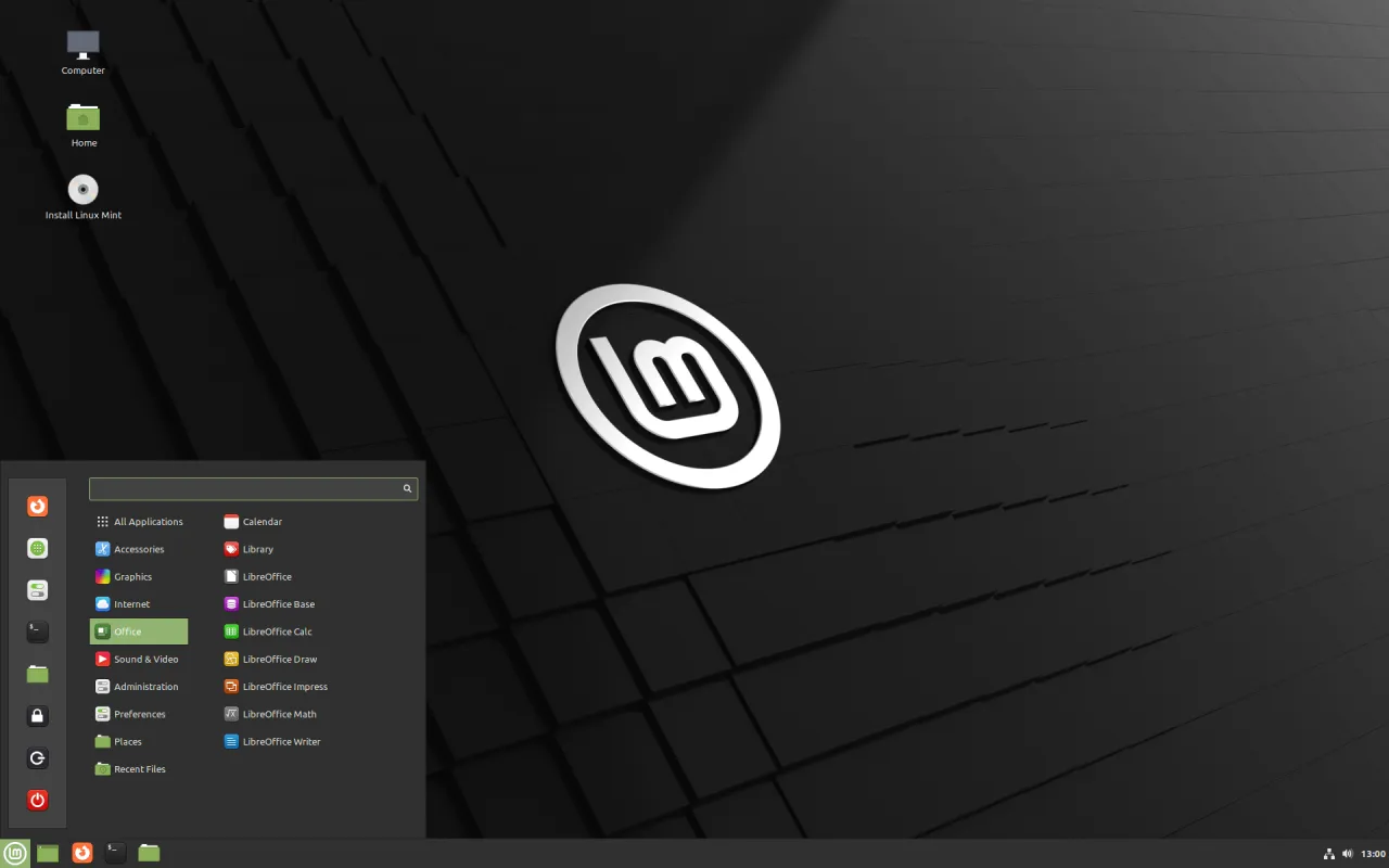 Pulpit Linux Mint Mate z menu aplikacji otwartym na sekcji 