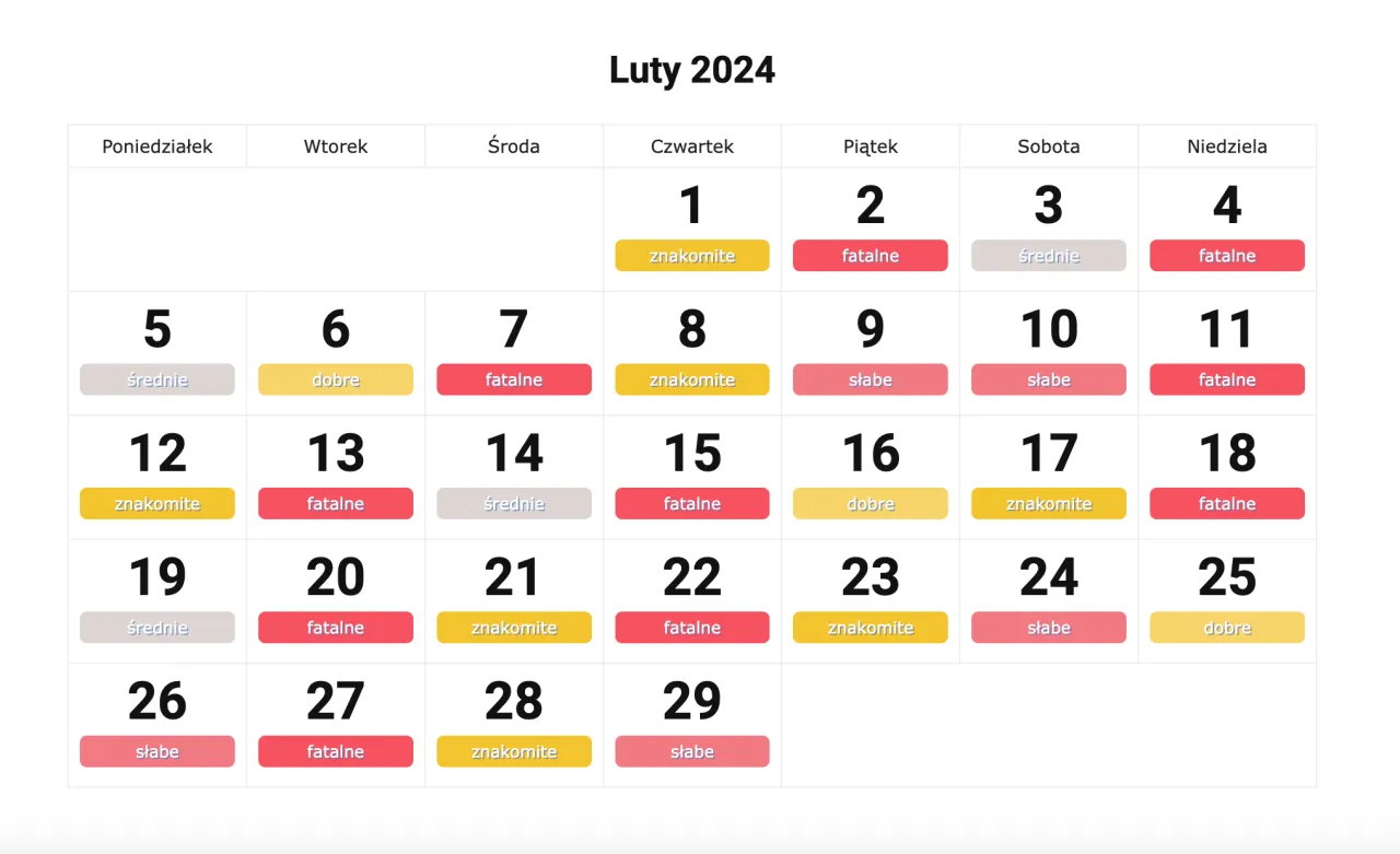 Profesjonalny kalendarz brań na Luty 2024. Dni oznaczone jako 