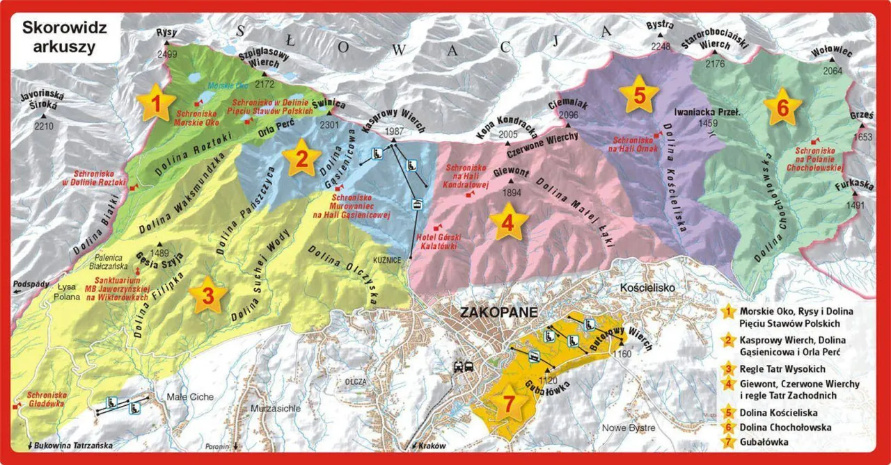 Mapa Tatr z zaznaczonymi najciekawszymi szlakami turystycznymi: Morskie Oko, Kasprowy Wierch, Dolina Kościeliska, Giewont, Dolina Chochołowska i Gubałówka.