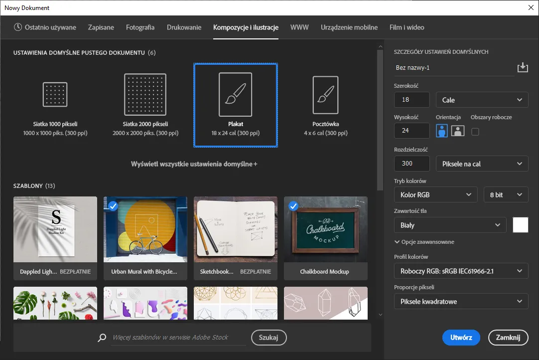 Photoshop ustawienia nowego dokumentu ze spadami CMYK 300dpi