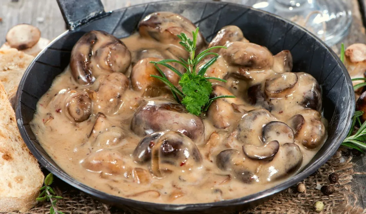 kremowy sos grzybowy na talerzu z kluskami