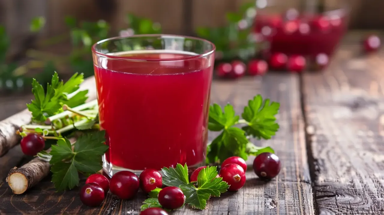 Szklanka soku żurawinowego, naturalny lek na zapalenie pęcherza, otoczona świeżymi owocami i ziołami na drewnianym stole.