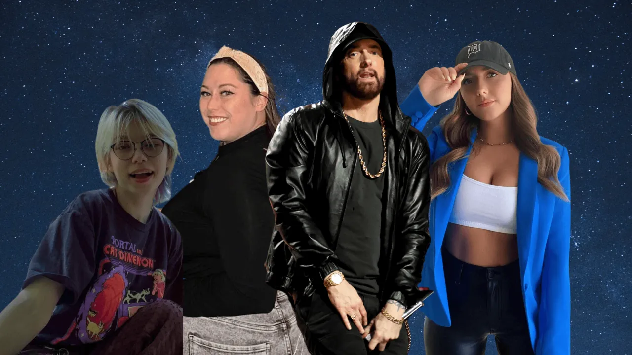Eminem z c&oacute;rką i dwiema innymi kobietami na tle nocnego nieba. Ile dzieci ma Eminem? Jedno, Hailie.