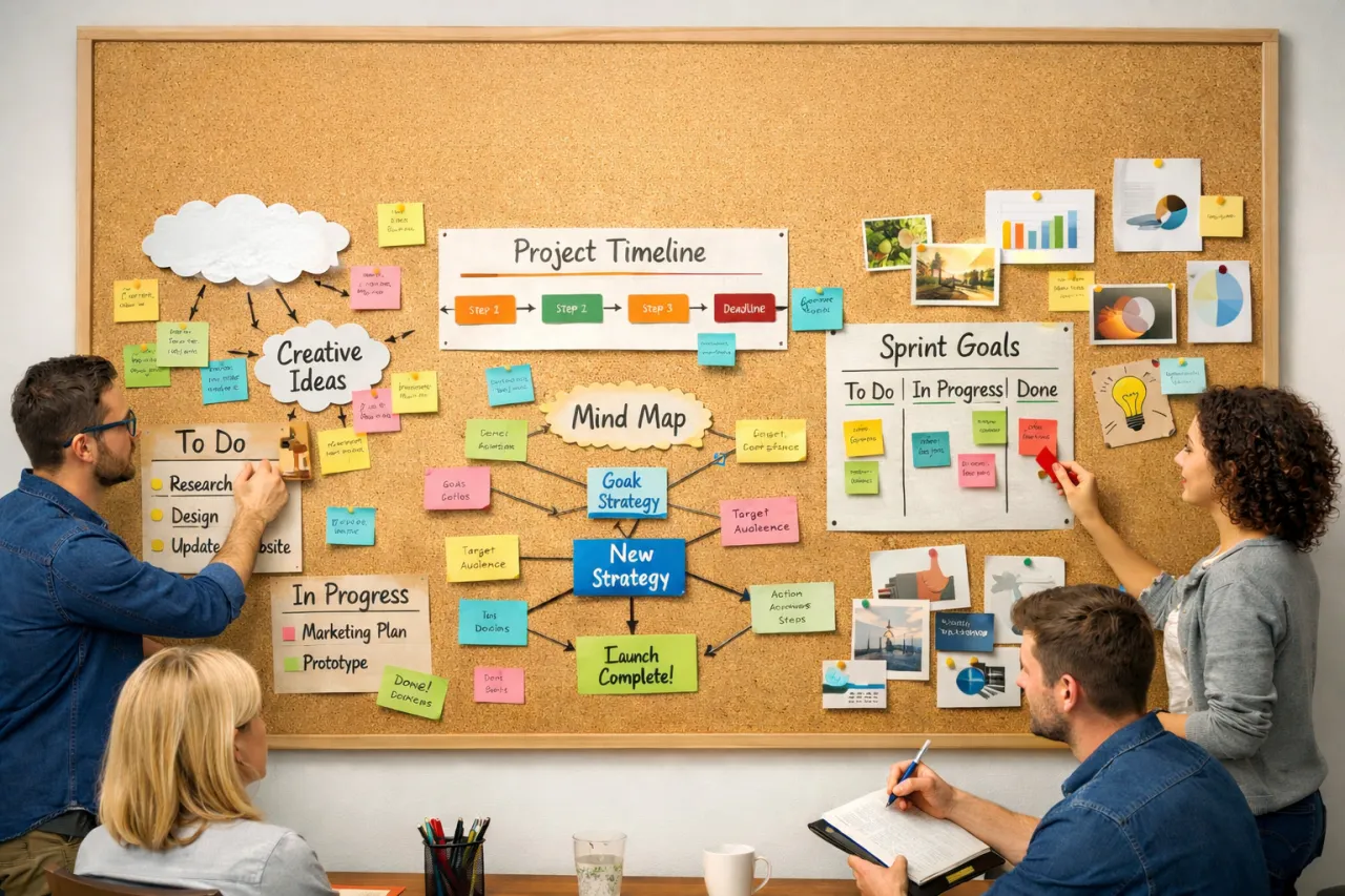 Osoba planująca cele na tablicy korkowej