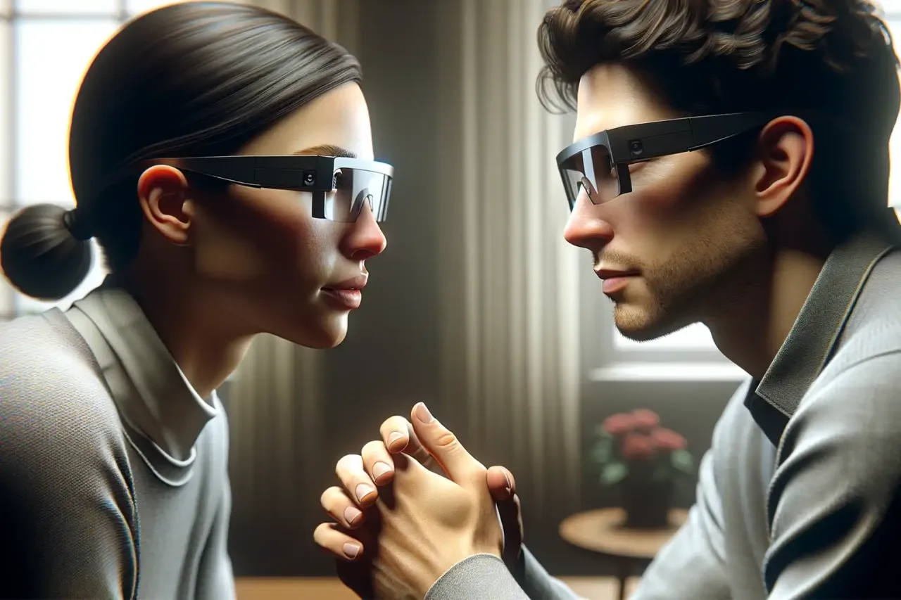 para trzymająca się za ręce, subtelny dotyk, kontakt wzrokowy