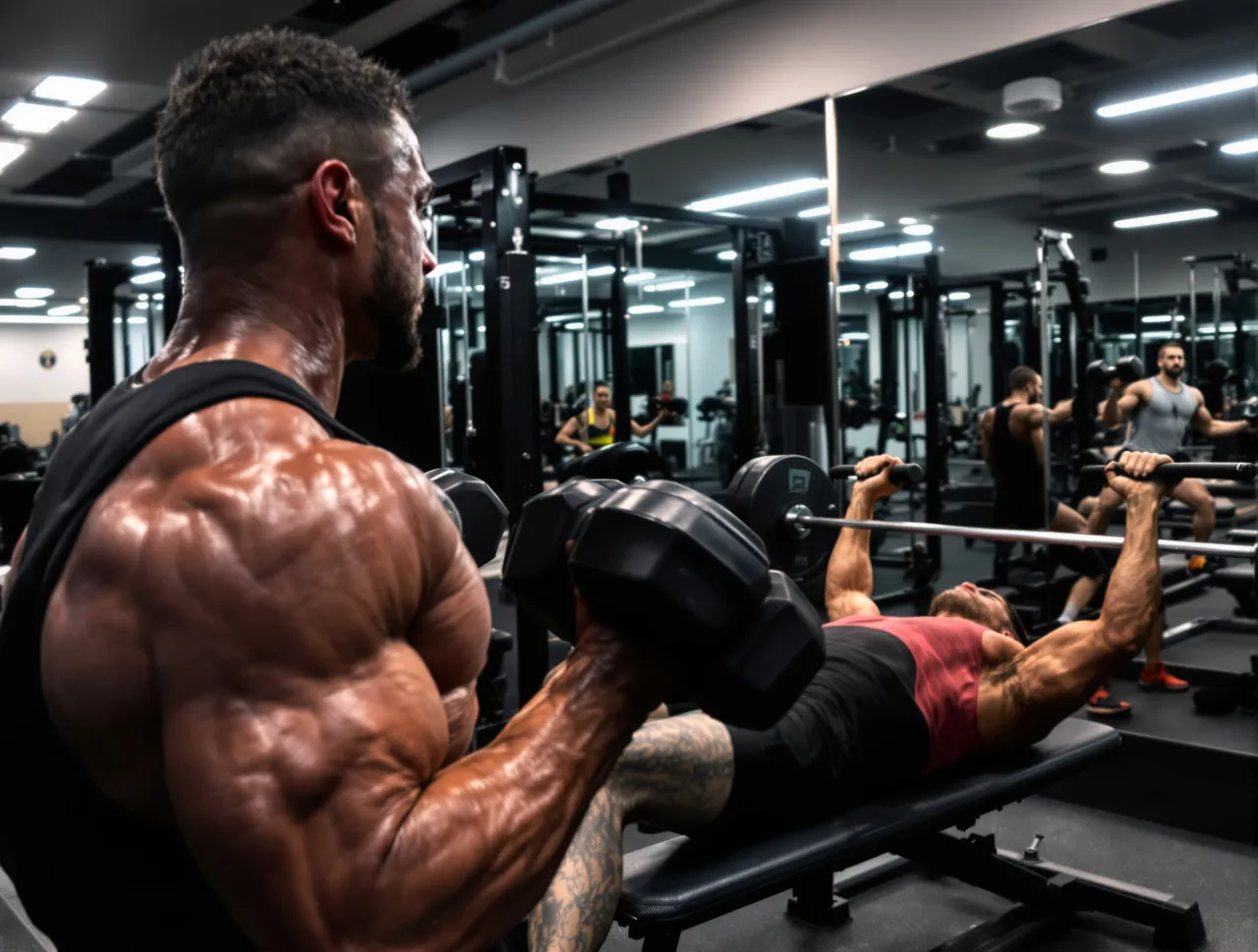 Mięśniacy ćwiczą na siłowni. Zastanawiasz się, ile trwa trening na siłowni? Oni wiedzą, że liczy się jakość, nie tylko czas.