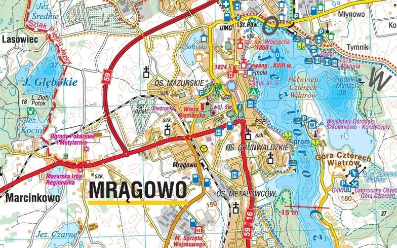 Mapa Mazur z zaznaczonymi miastami Mikołajki Giżycko Ruciane-Nida Mrągowo