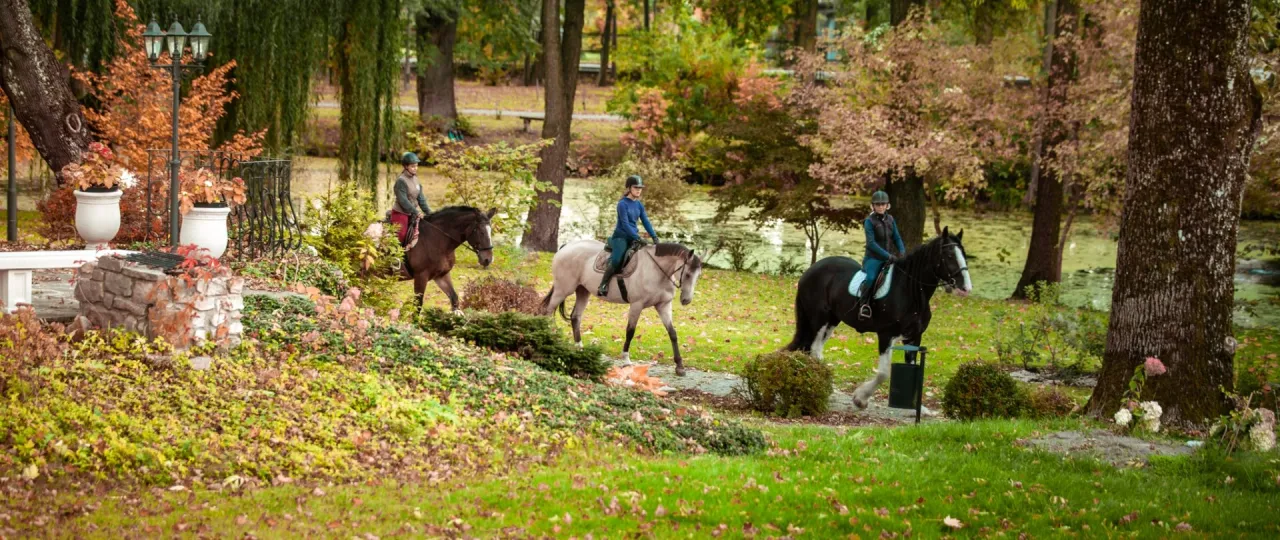 Luksusowy hotel ze stadniną koni w Polsce, jeździec na koniu na tle pięknego krajobrazu