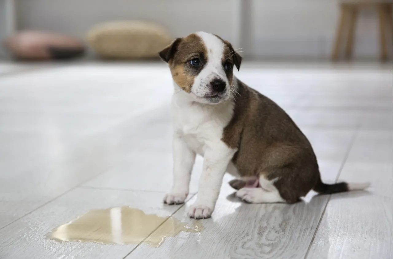 Mały piesek siedzi obok kałuży. Czas zacząć naukę, jak nauczyć szczeniaka sikania na dworze, by uniknąć takich wpadek.