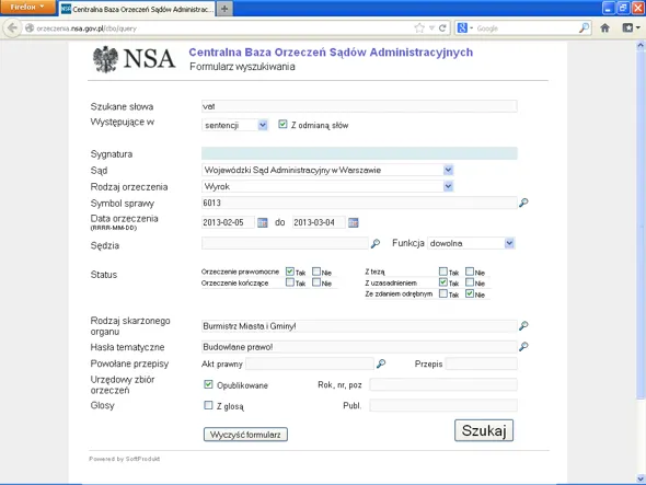 Centralna Baza Orzeczeń Sąd&oacute;w Administracyjnych strona gł&oacute;wna
