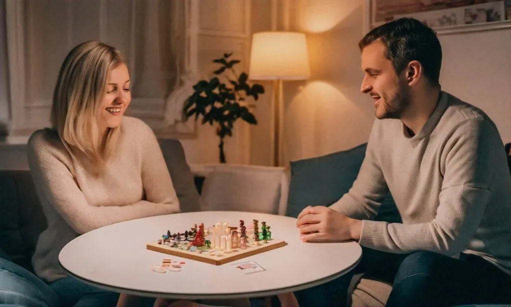 para grająca w planszówki, śmiech, zabawa, wieczór we dwoje